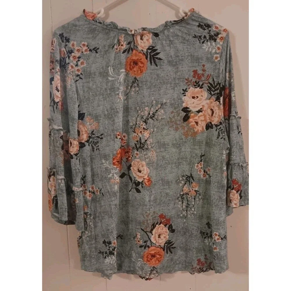 Peasant Bell Sleeve Blouse Size Large Teal Floral Boho Cottagecore